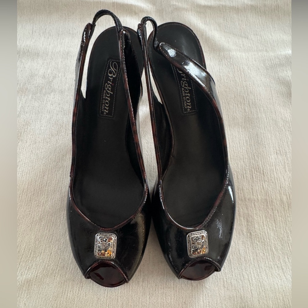 Brighton Welch Peep-Toe Slingback Heels Patent Leather Swarovski Crystal 7N
